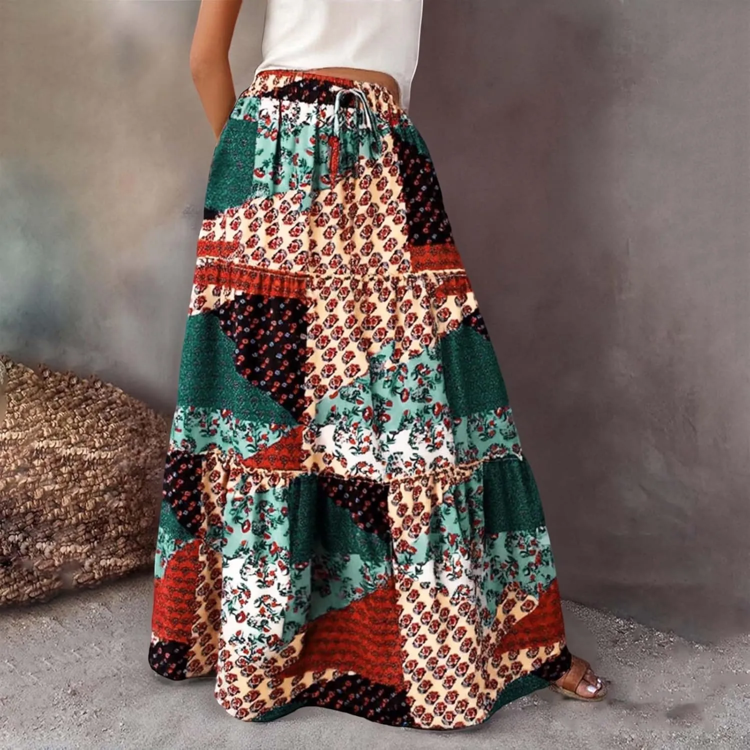 Womens Floral Print Boho Maxi Skirt Elastic High Waist Pleated Ruffle Flowy Long Skirts Summer A Line Casual Skorts
