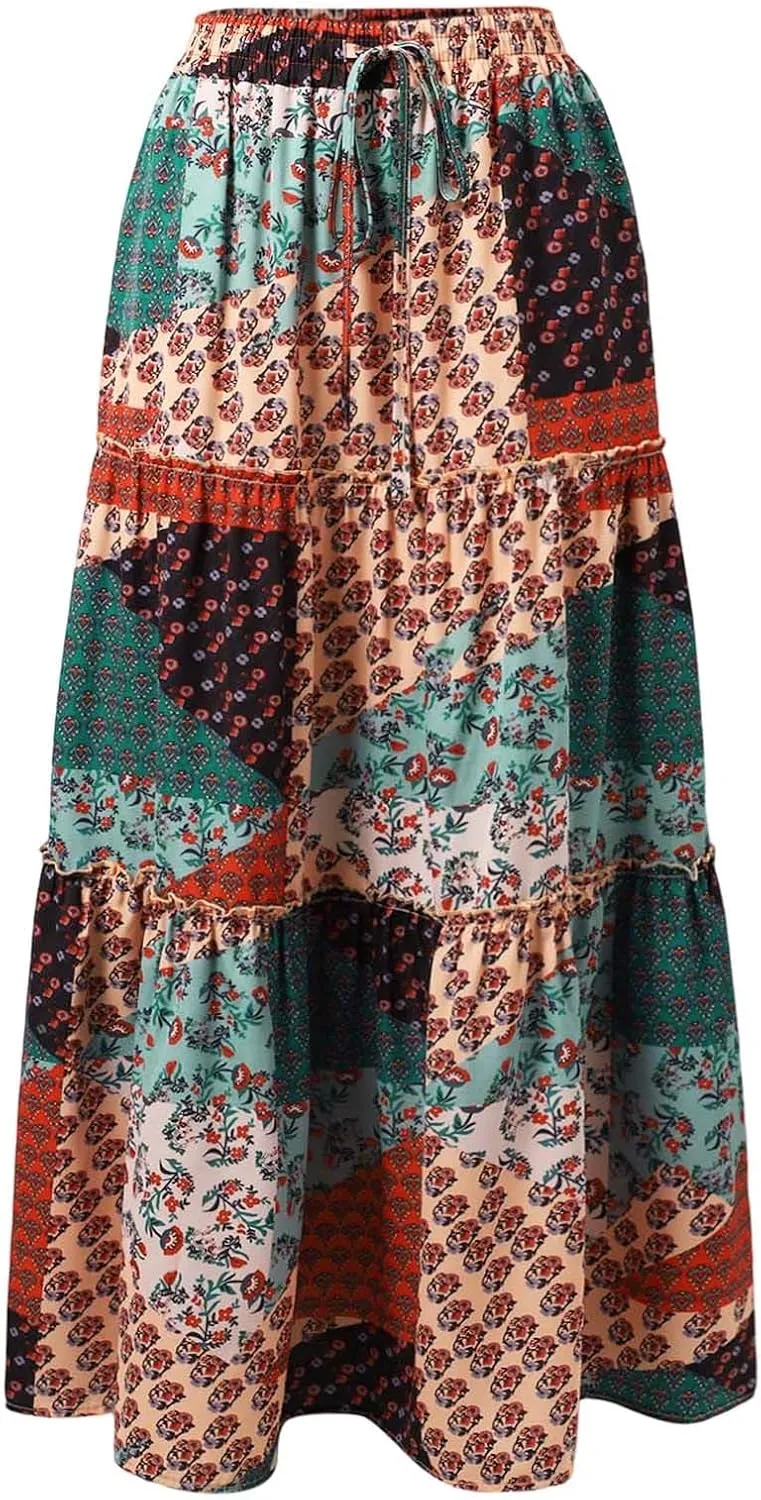 Womens Floral Print Boho Maxi Skirt Elastic High Waist Pleated Ruffle Flowy Long Skirts Summer A Line Casual Skorts