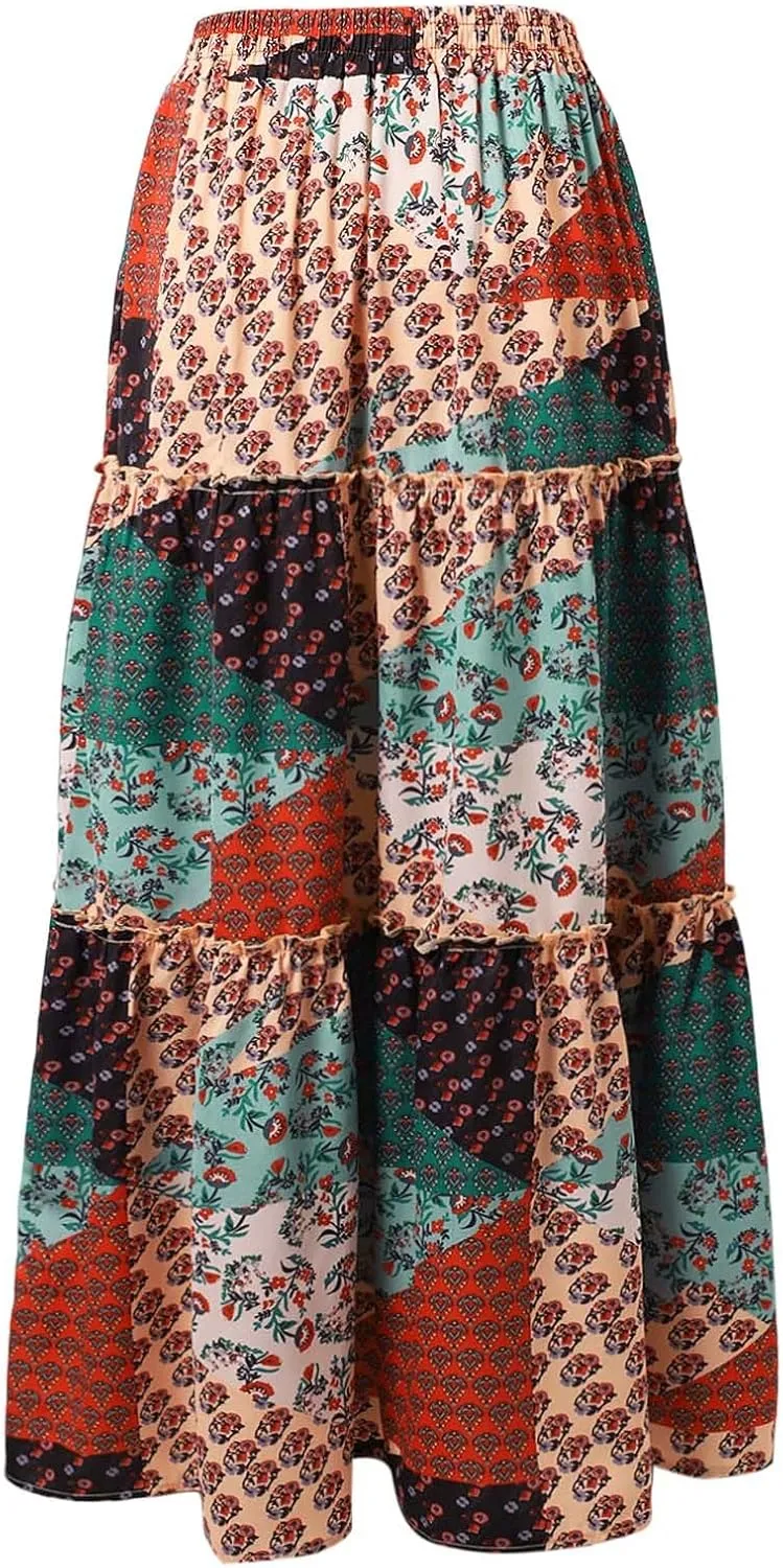 Womens Floral Print Boho Maxi Skirt Elastic High Waist Pleated Ruffle Flowy Long Skirts Summer A Line Casual Skorts