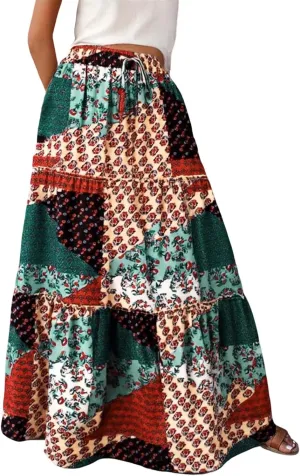 Womens Floral Print Boho Maxi Skirt Elastic High Waist Pleated Ruffle Flowy Long Skirts Summer A Line Casual Skorts