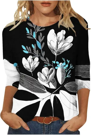 Women's Floral Tops Casual Loose 3/4 Sleeve Tshirts 2024 Summer Round Neck Dressy Blouse for Business Work Streetwear