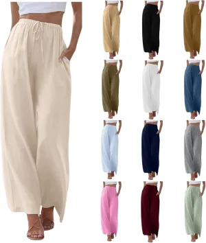Womens Flowy Cotton Linen Pants Summer Casual Wide Leg Beach Trousers with Pockets Trendy Lightweight Palazzo Pants