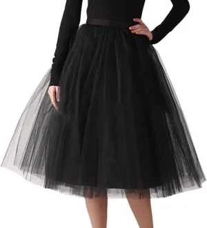 Women's Fluffy Tulle Skirt Knee Length Wedding Party Costume Prom Ballet Petticoat Plus Size Mesh Tutu Midi Skirt