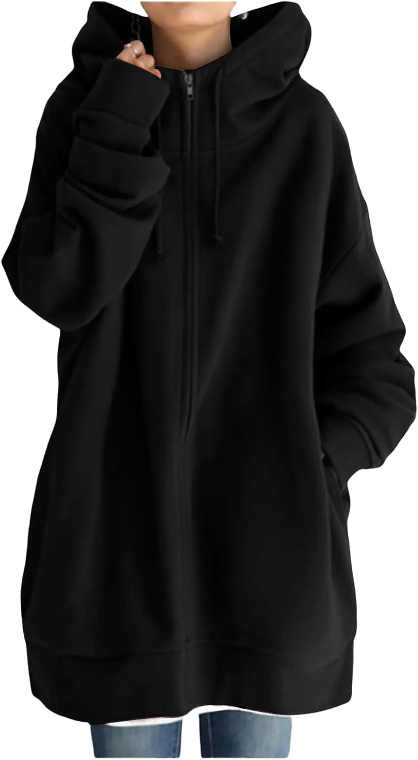 Womens Full Zip Hoodie Oversized Long Sleeve Fleece Sweatshirt Jacket Casual Loose Long Hoodies Winter Outfits