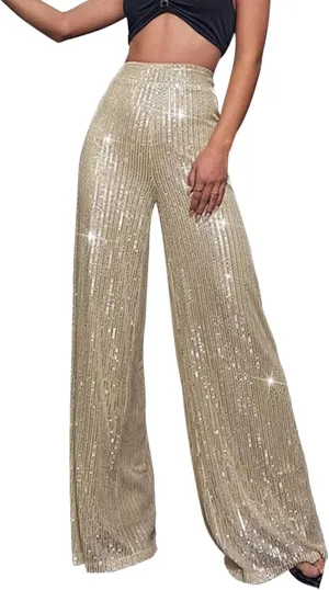 Women's Glitter Wide Leg Pants Women's Solid Color Sequins Fashion Casual Straight Pants Casual Loose Long Pant