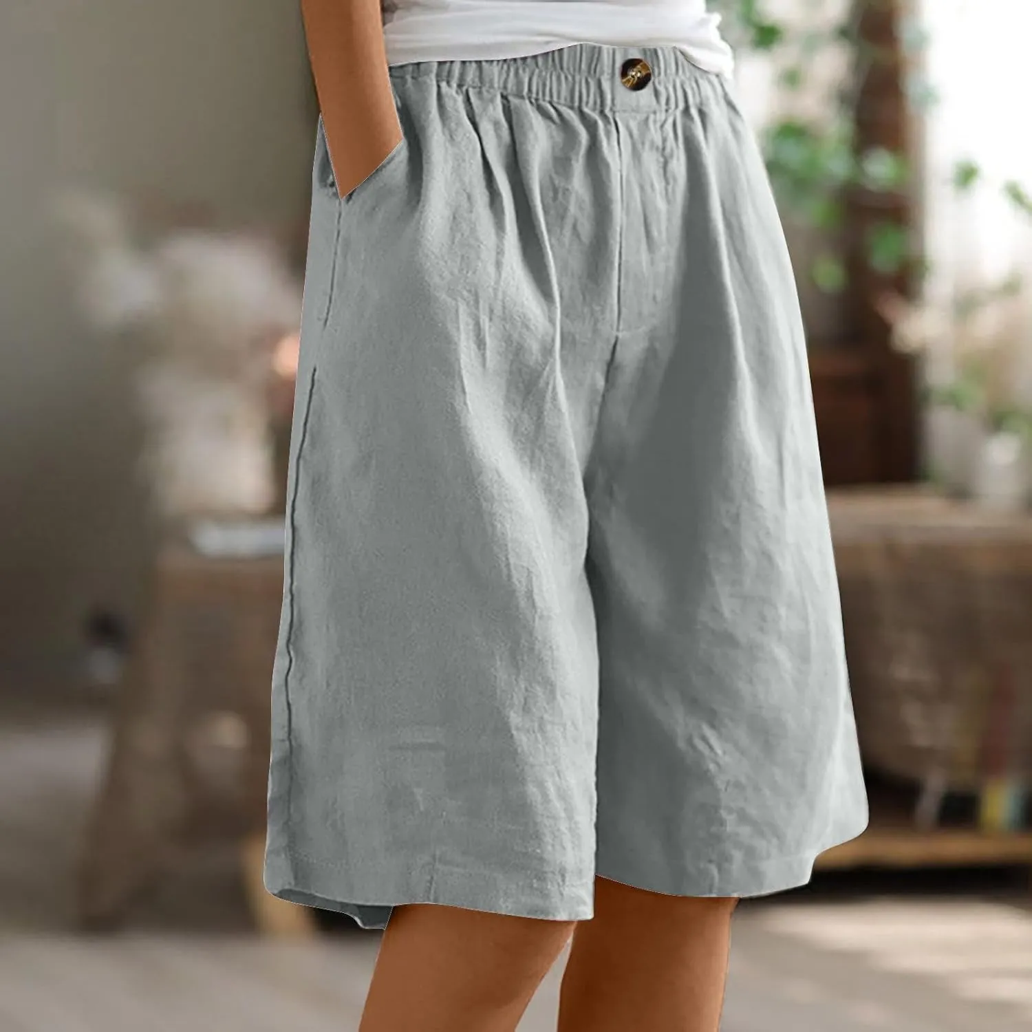 Women's Half Shorts Pants Summer Elastic Waist Buttons Casual Linen Pockets Trousers Solid Color Loose Shorts