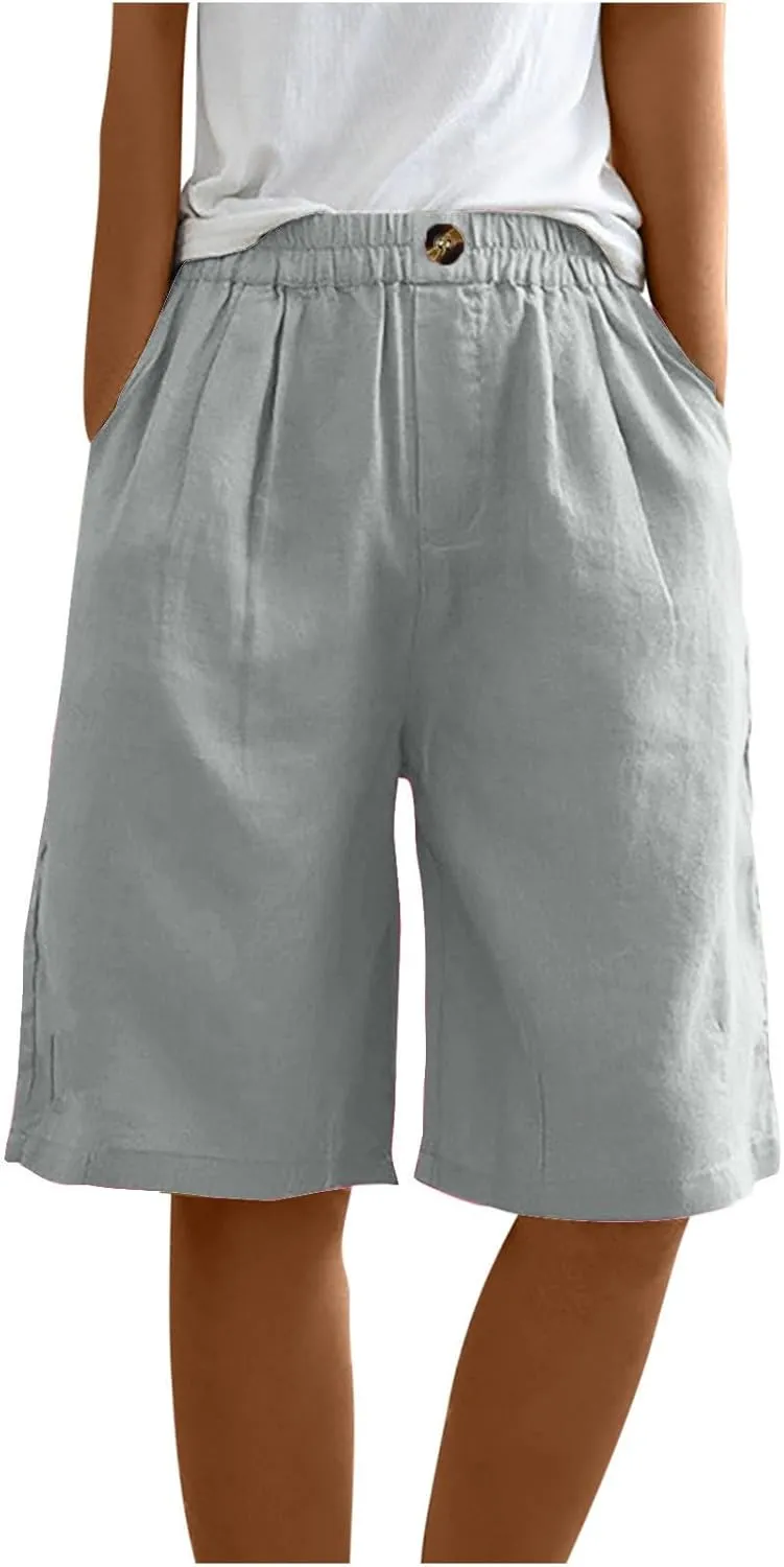Women's Half Shorts Pants Summer Elastic Waist Buttons Casual Linen Pockets Trousers Solid Color Loose Shorts