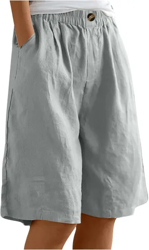 Women's Half Shorts Pants Summer Elastic Waist Buttons Casual Linen Pockets Trousers Solid Color Loose Shorts