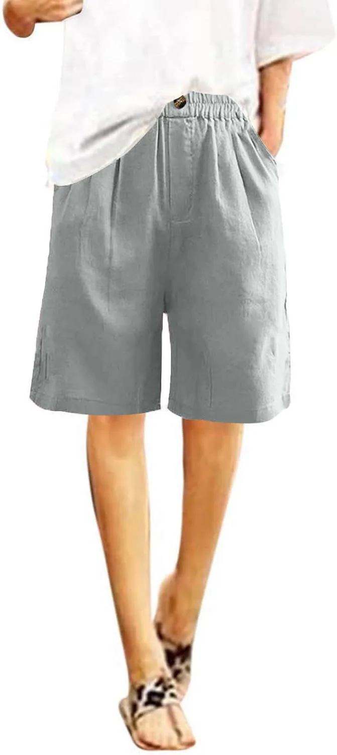 Women's Half Shorts Pants Summer Elastic Waist Buttons Casual Linen Pockets Trousers Solid Color Loose Shorts