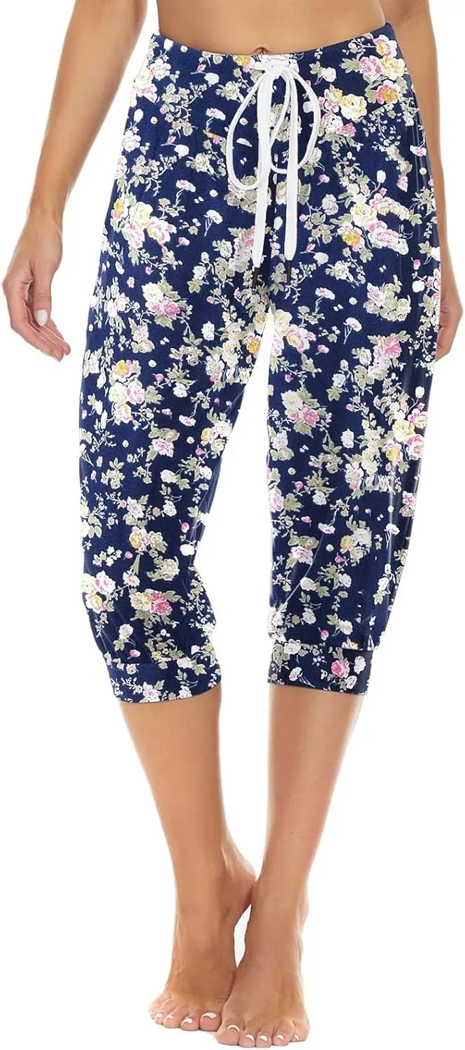 Womens Harem Trousers Vintage Patterned Smocked Waist Boho Hippie Pants Loose Lounge Yoga Summer Beach Trouser with Pockets