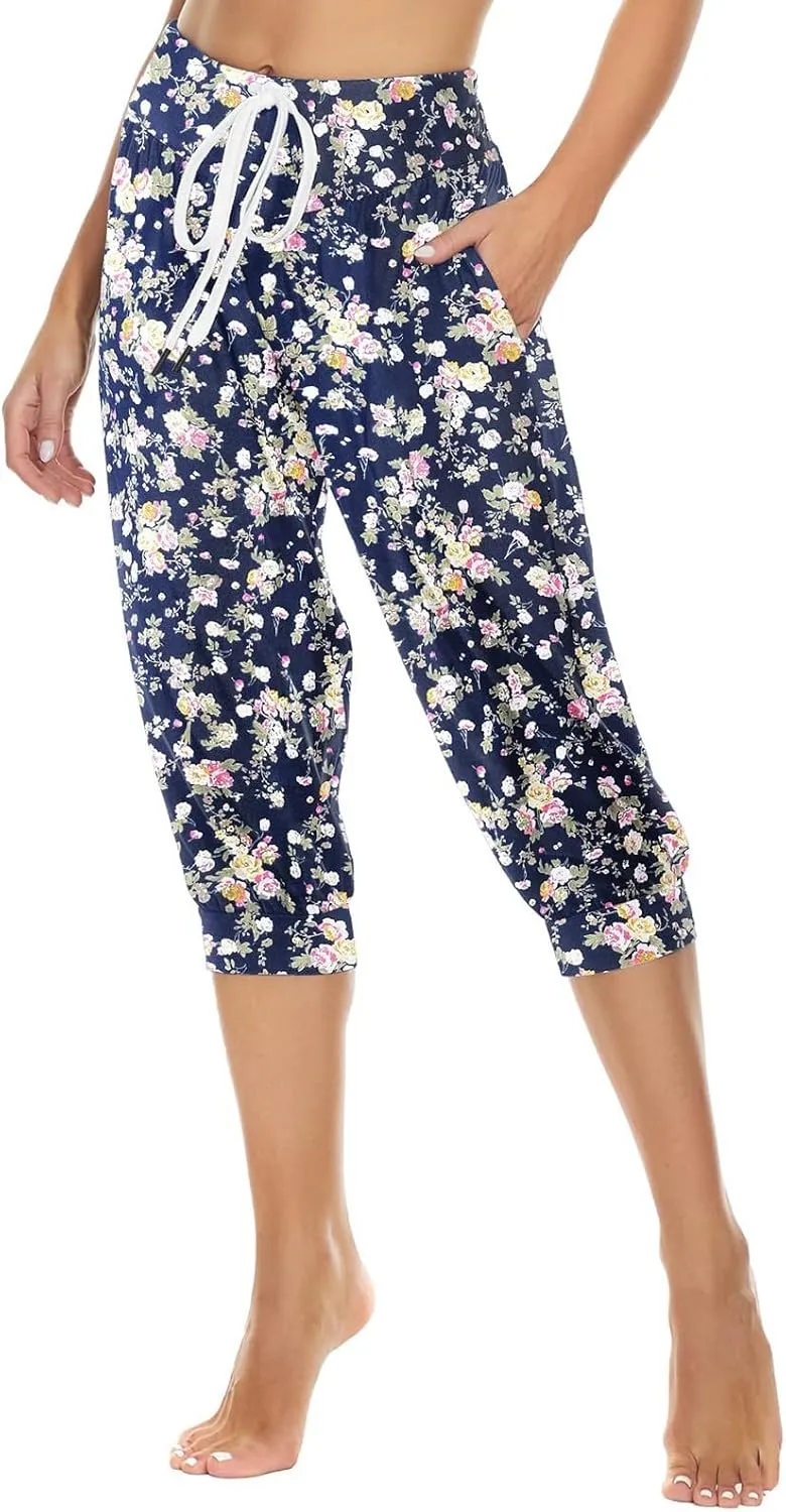 Womens Harem Trousers Vintage Patterned Smocked Waist Boho Hippie Pants Loose Lounge Yoga Summer Beach Trouser with Pockets