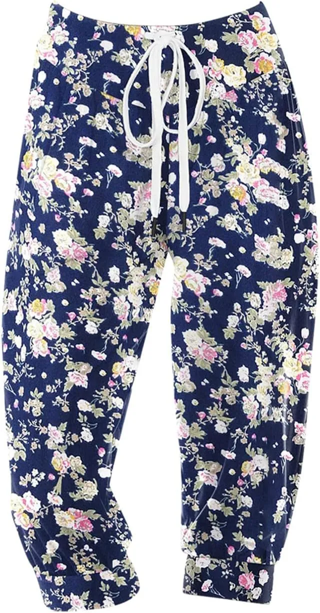 Womens Harem Trousers Vintage Patterned Smocked Waist Boho Hippie Pants Loose Lounge Yoga Summer Beach Trouser with Pockets