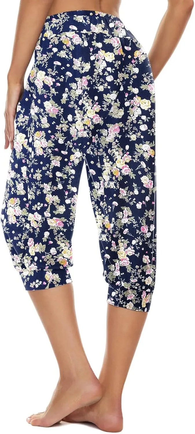 Womens Harem Trousers Vintage Patterned Smocked Waist Boho Hippie Pants Loose Lounge Yoga Summer Beach Trouser with Pockets
