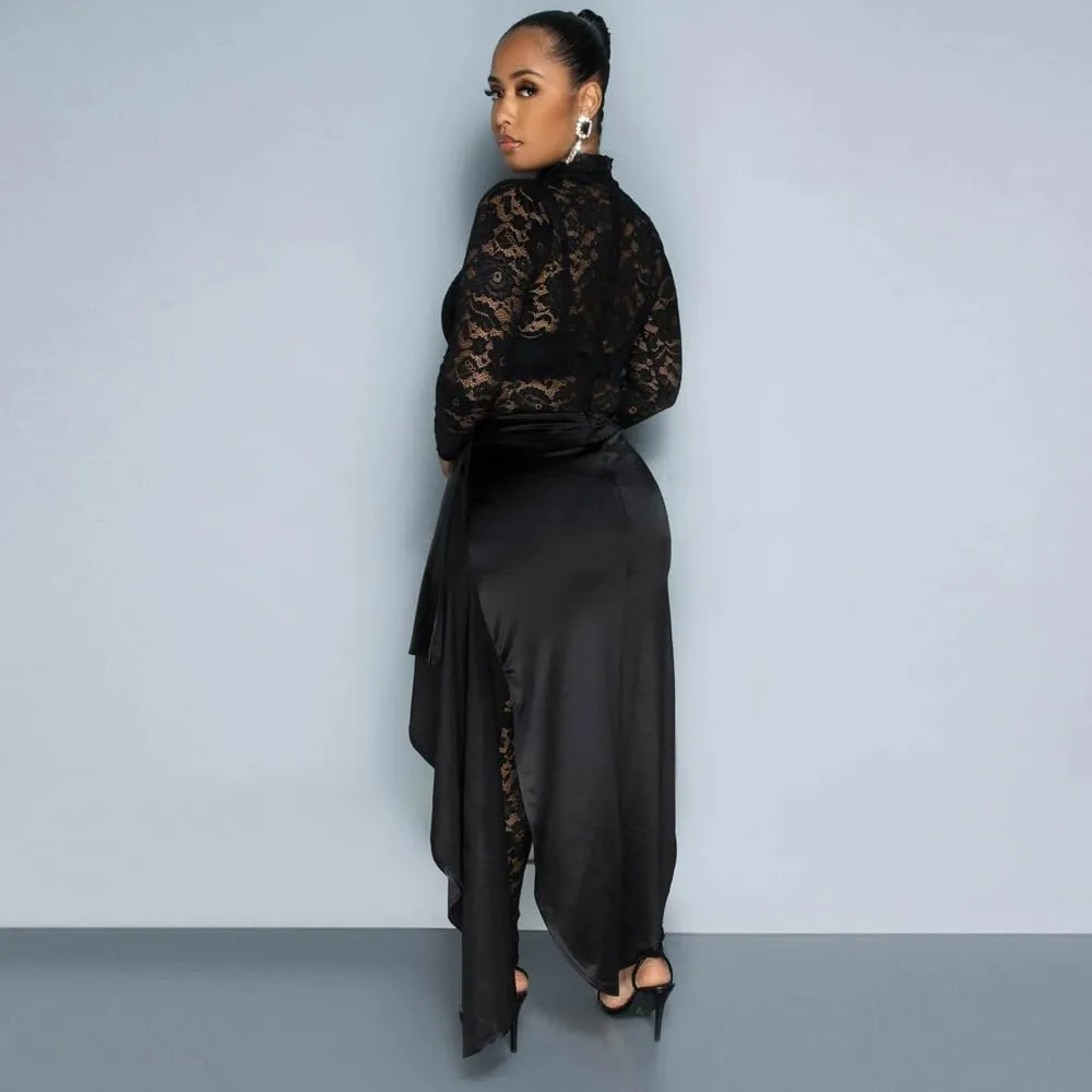 Women's Lace See Through Jumpsuit Bodycon Long Sleeve One Piece Set Pleated High Split Midi Skirt Sexy Y2K Club Outfits