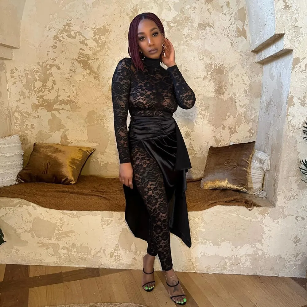 Women's Lace See Through Jumpsuit Bodycon Long Sleeve One Piece Set Pleated High Split Midi Skirt Sexy Y2K Club Outfits