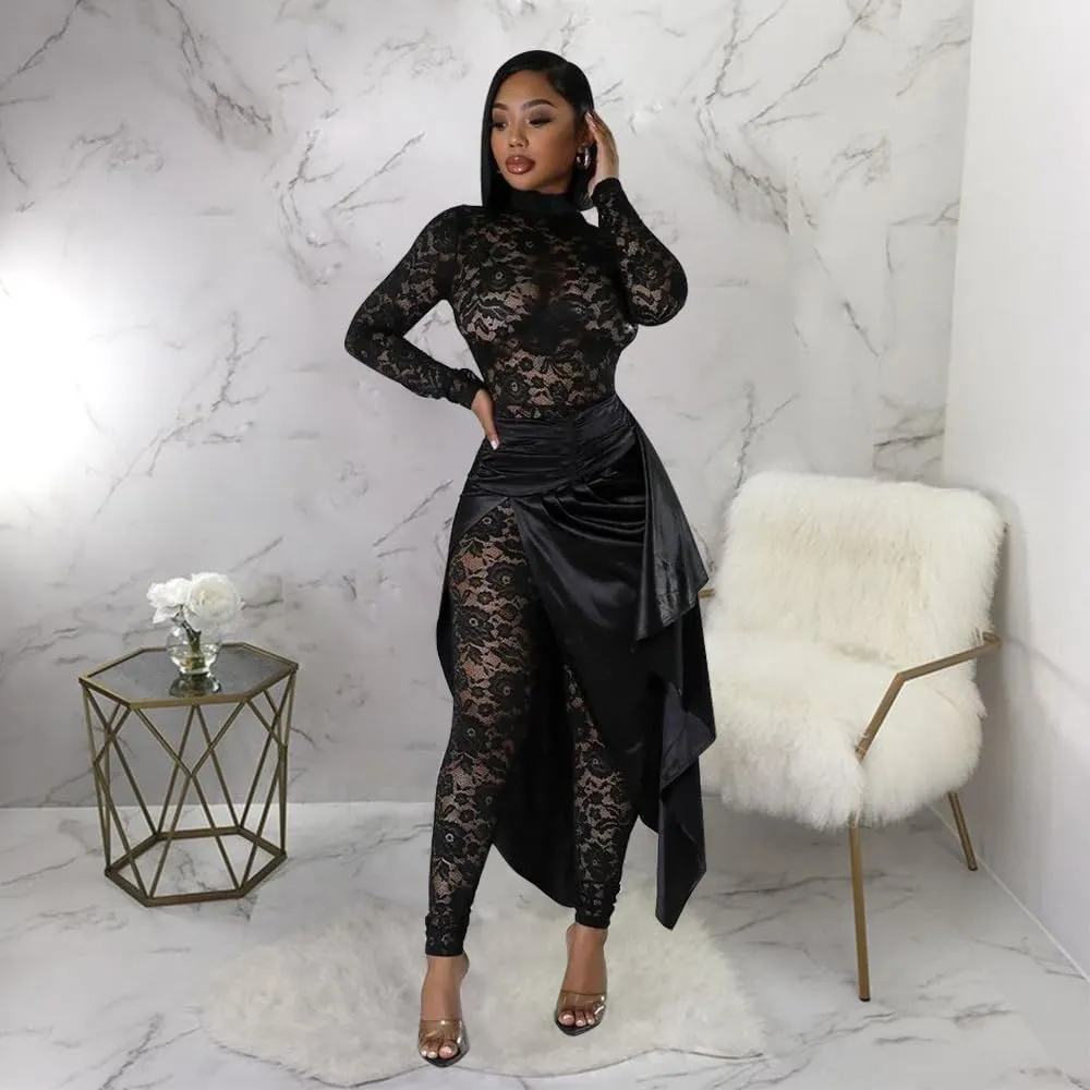 Women's Lace See Through Jumpsuit Bodycon Long Sleeve One Piece Set Pleated High Split Midi Skirt Sexy Y2K Club Outfits