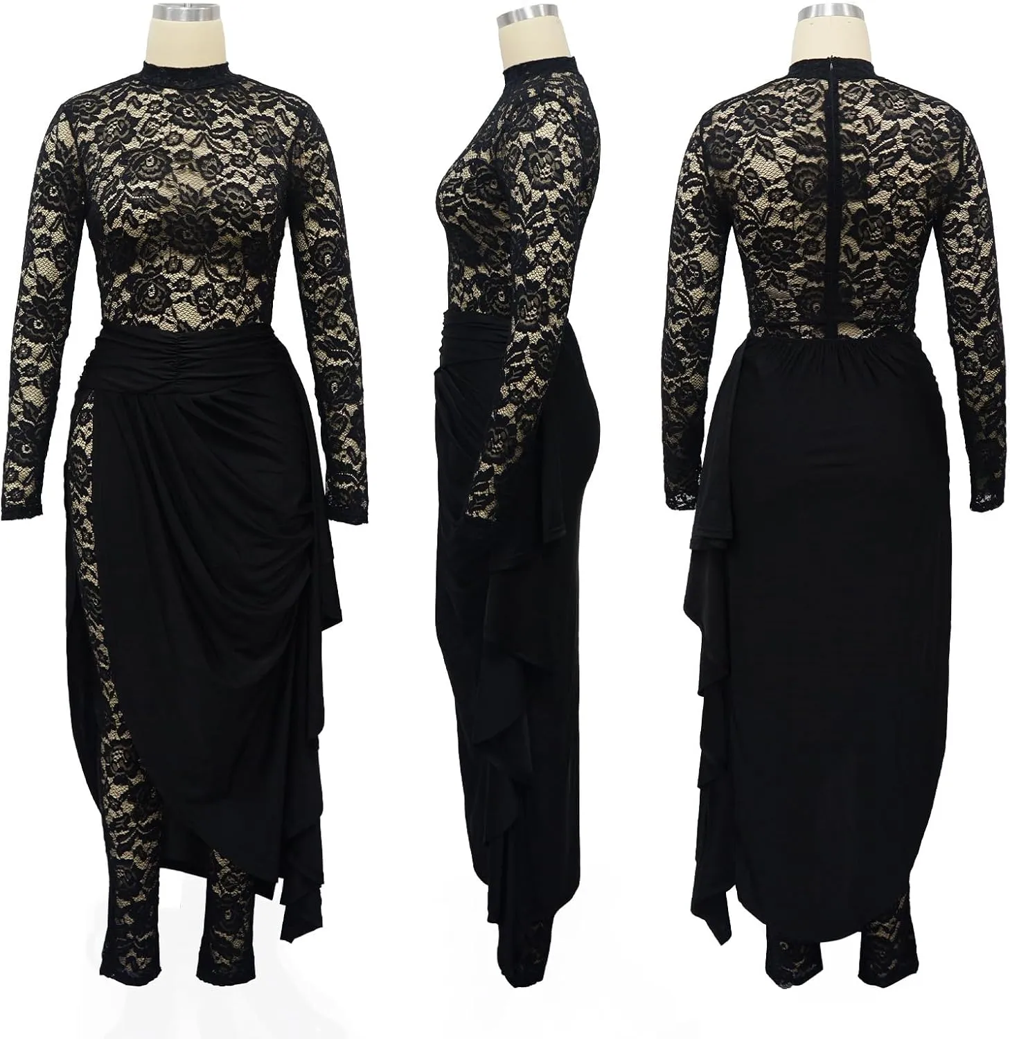 Women's Lace See Through Jumpsuit Bodycon Long Sleeve One Piece Set Pleated High Split Midi Skirt Sexy Y2K Club Outfits
