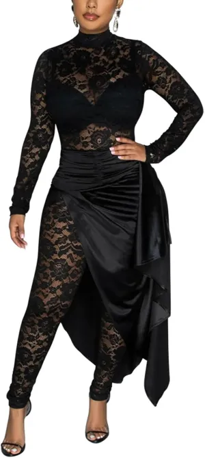 Women's Lace See Through Jumpsuit Bodycon Long Sleeve One Piece Set Pleated High Split Midi Skirt Sexy Y2K Club Outfits
