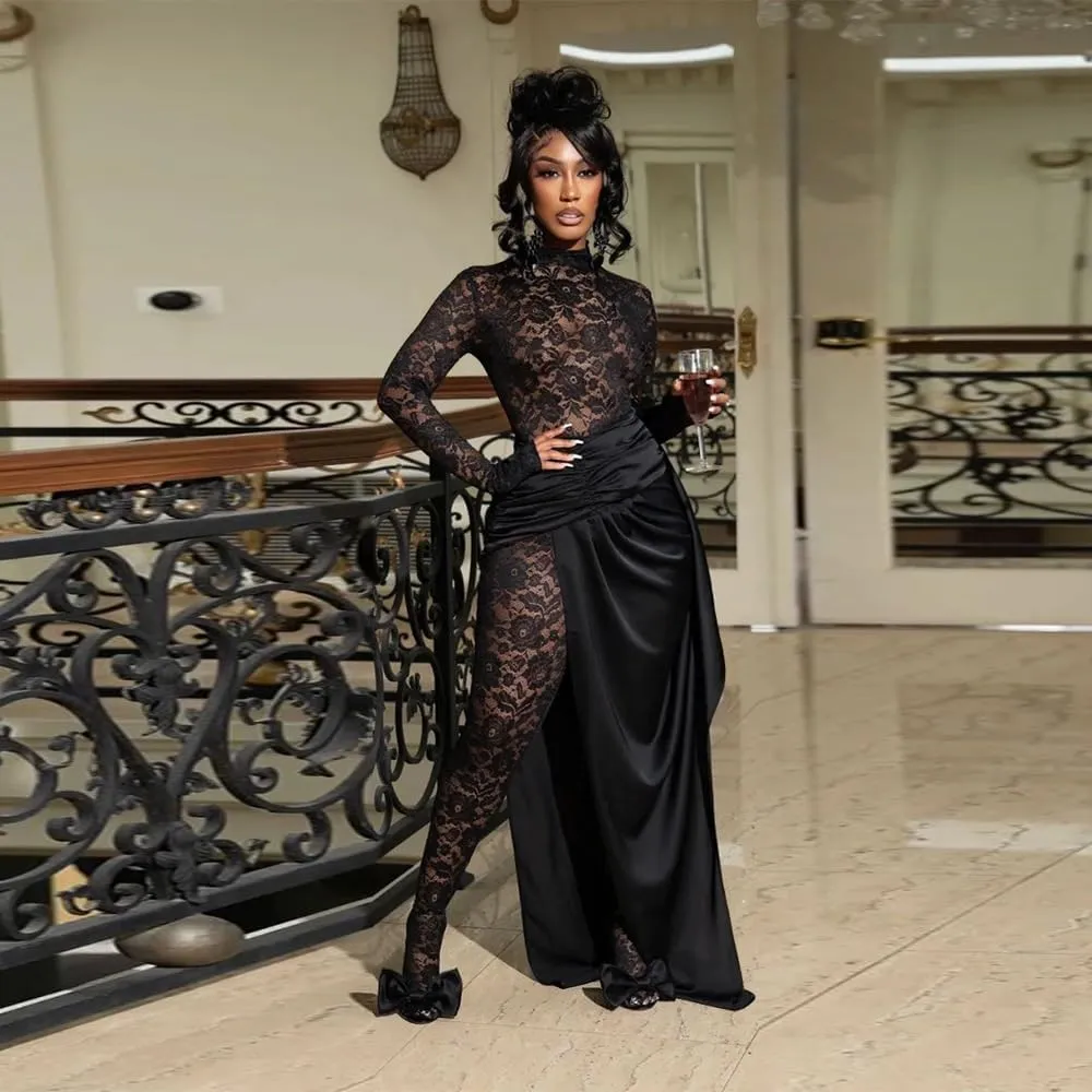 Women's Lace See Through Jumpsuit Bodycon Long Sleeve One Piece Set Pleated High Split Midi Skirt Sexy Y2K Club Outfits