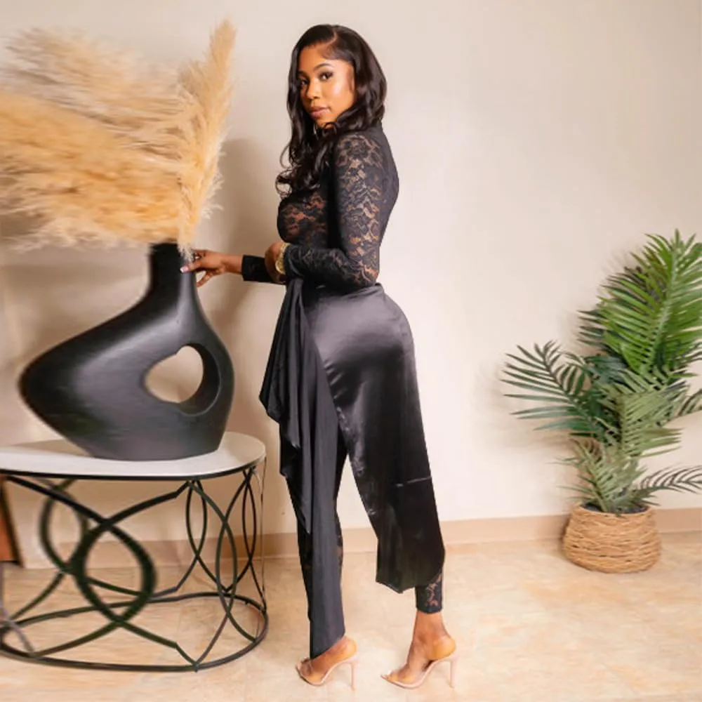 Women's Lace See Through Jumpsuit Bodycon Long Sleeve One Piece Set Pleated High Split Midi Skirt Sexy Y2K Club Outfits