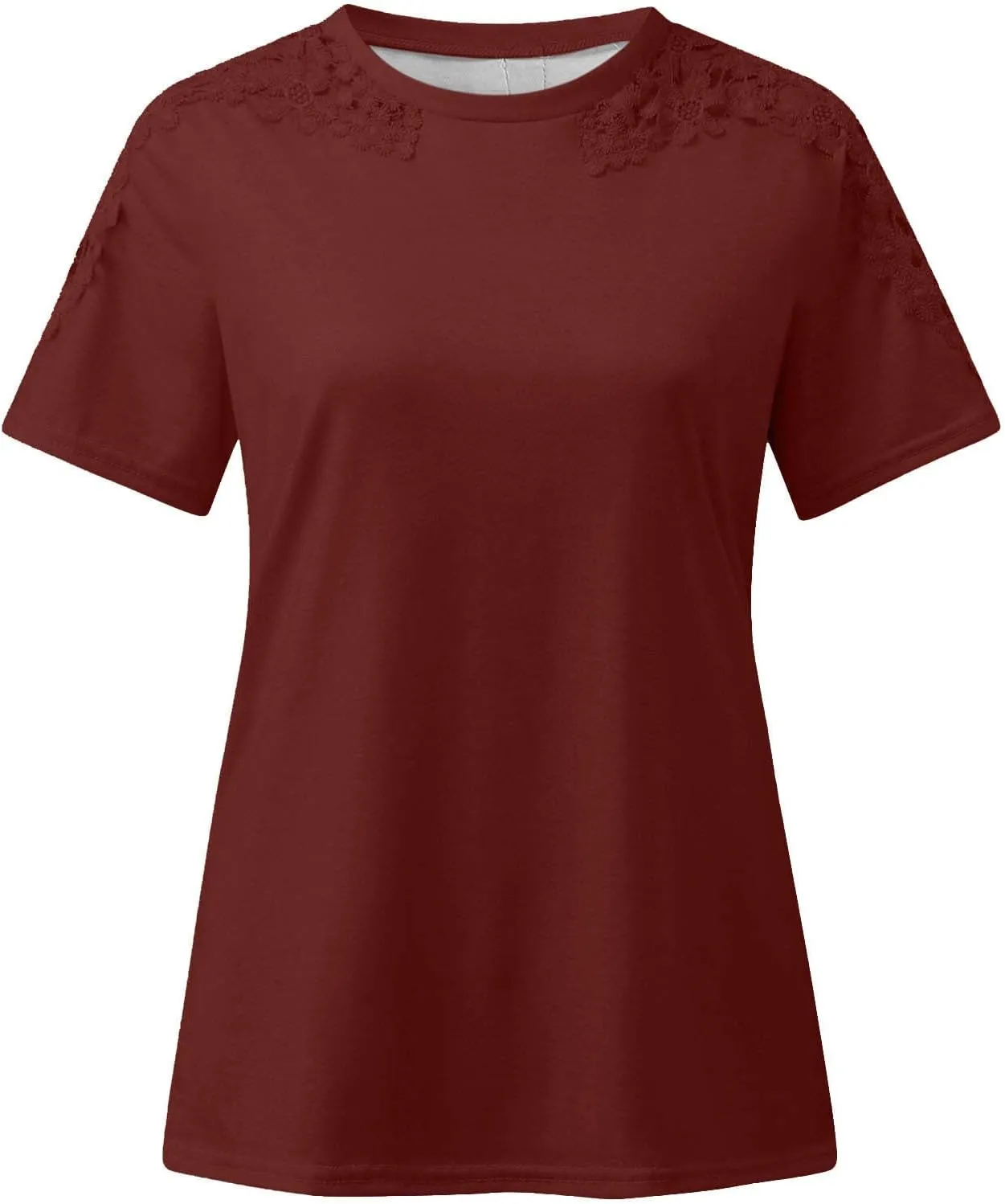 Womens Lace Stitching Short Sleeve Crewneck T-shirts Simple Solid Color Tops Fashion Casual Shirt