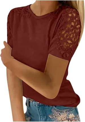 Womens Lace Stitching Short Sleeve Crewneck T-shirts Simple Solid Color Tops Fashion Casual Shirt