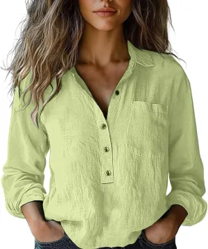 Womens Linen Button Down Shirts Long Sleeve Cotton Gauze Tops Floral Printed Casual Collared Loose Fit Blouses