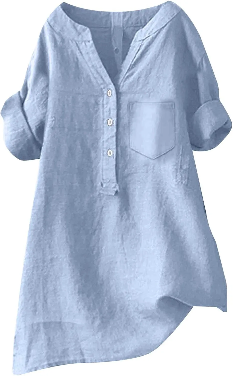 Women's Linen Button Down Shirts Short Sleeve V Neck Tshirts Light Weight Plain Blouses Casual Loose Fit Tunic Tops