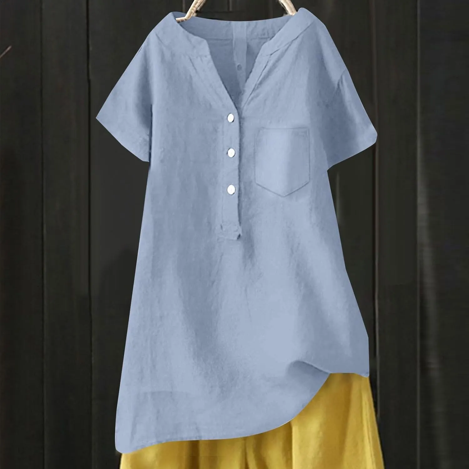 Women's Linen Button Down Shirts Short Sleeve V Neck Tshirts Light Weight Plain Blouses Casual Loose Fit Tunic Tops