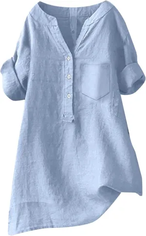 Women's Linen Button Down Shirts Short Sleeve V Neck Tshirts Light Weight Plain Blouses Casual Loose Fit Tunic Tops