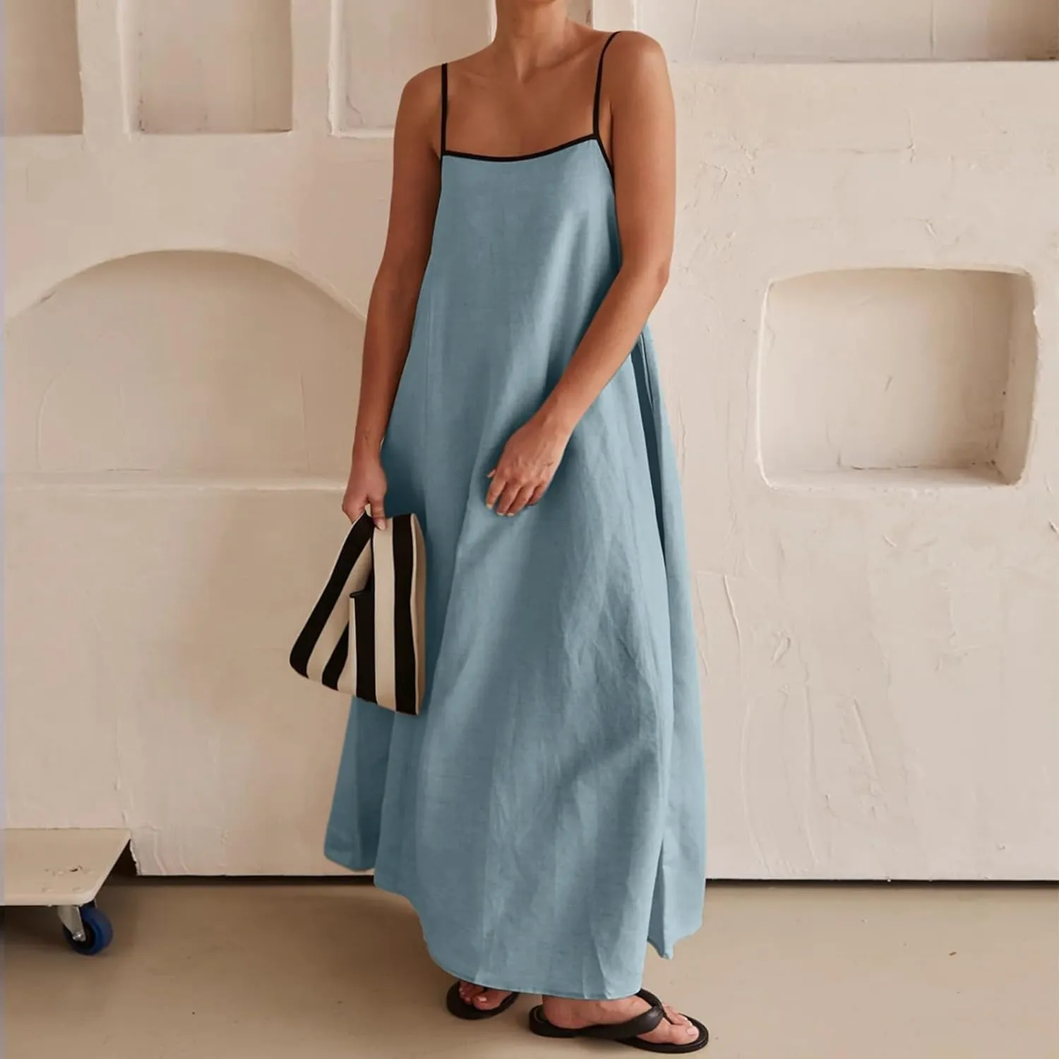 Womens Linen Maxi Dress Spaghetti Straps Backless Sleeveless Sundress Summer Flowy Dresses Beach Vacation Dress