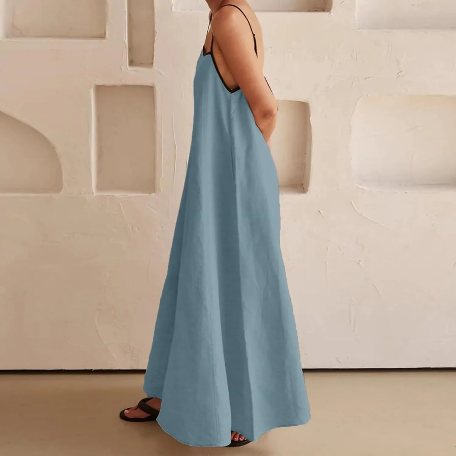 Womens Linen Maxi Dress Spaghetti Straps Backless Sleeveless Sundress Summer Flowy Dresses Beach Vacation Dress