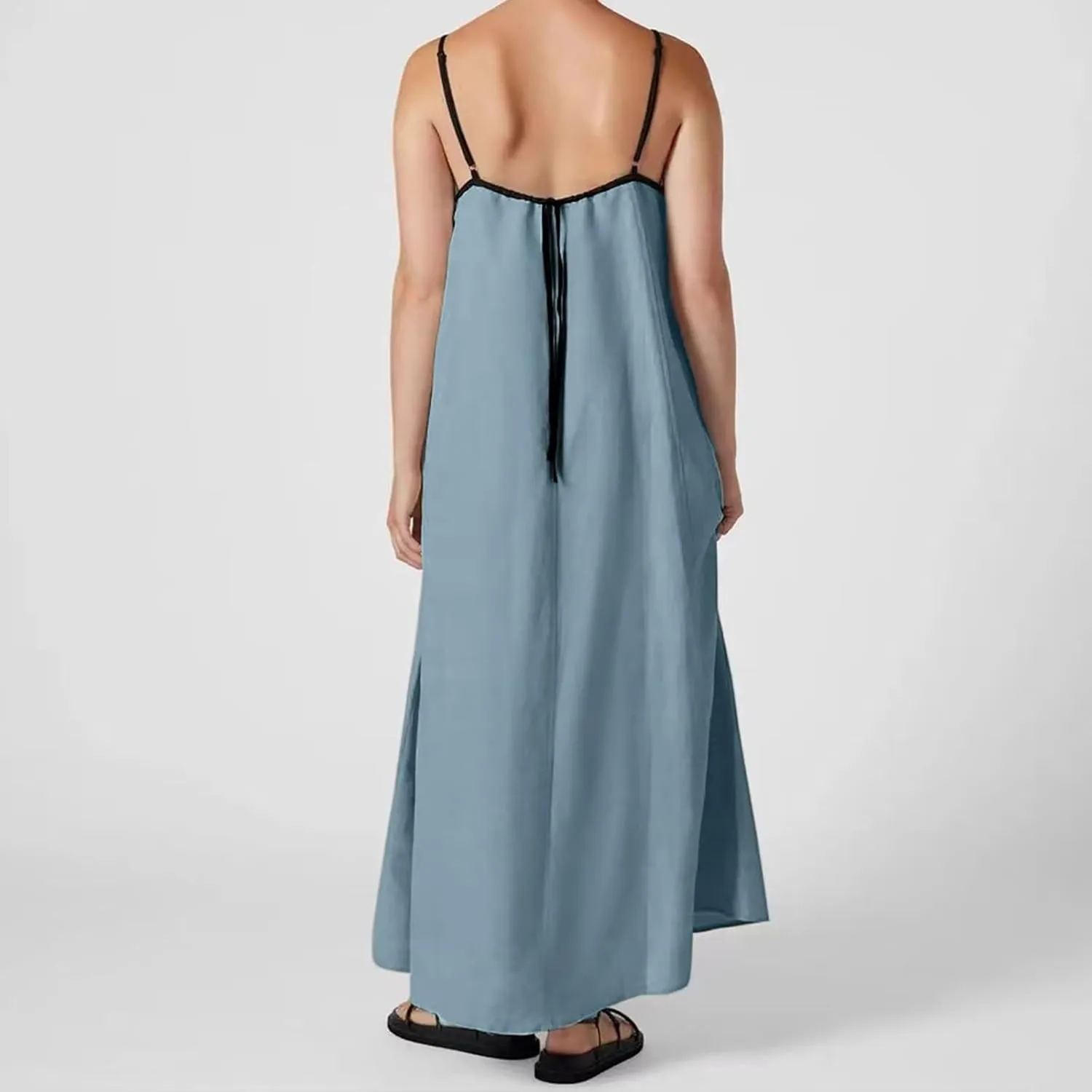 Womens Linen Maxi Dress Spaghetti Straps Backless Sleeveless Sundress Summer Flowy Dresses Beach Vacation Dress