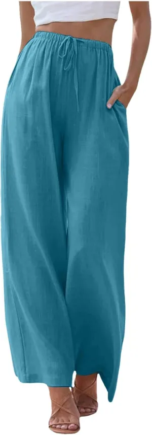 Women's Linen Palazzo Pants Summer Casual Vacation High Waist Wide Leg Trousers Trendy Pant with Pockets