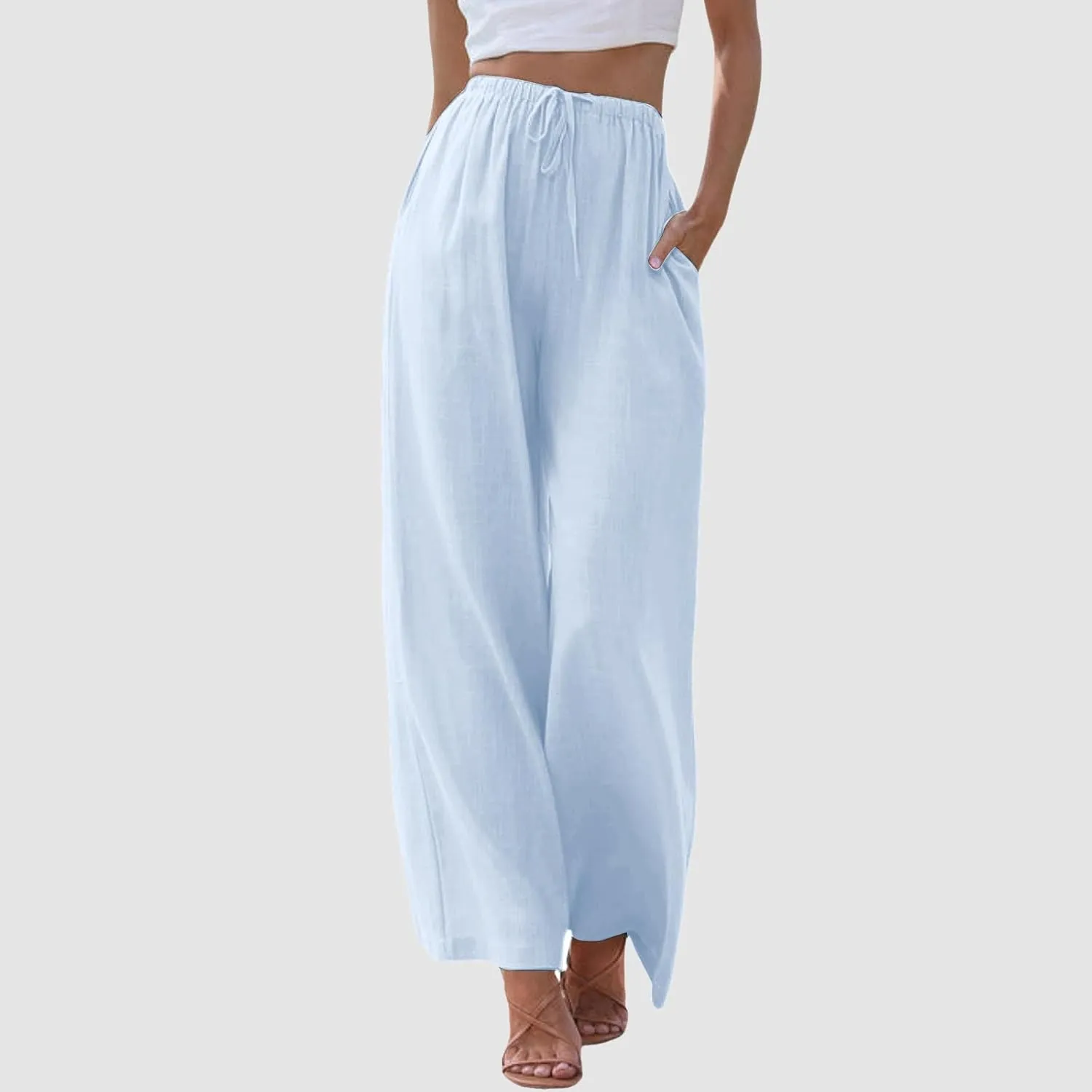 Women's Linen Palazzo Pants Summer Casual Vacation High Waist Wide Leg Trousers Trendy Pant with Pockets