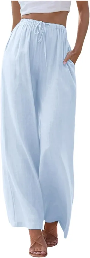 Women's Linen Palazzo Pants Summer Casual Vacation High Waist Wide Leg Trousers Trendy Pant with Pockets