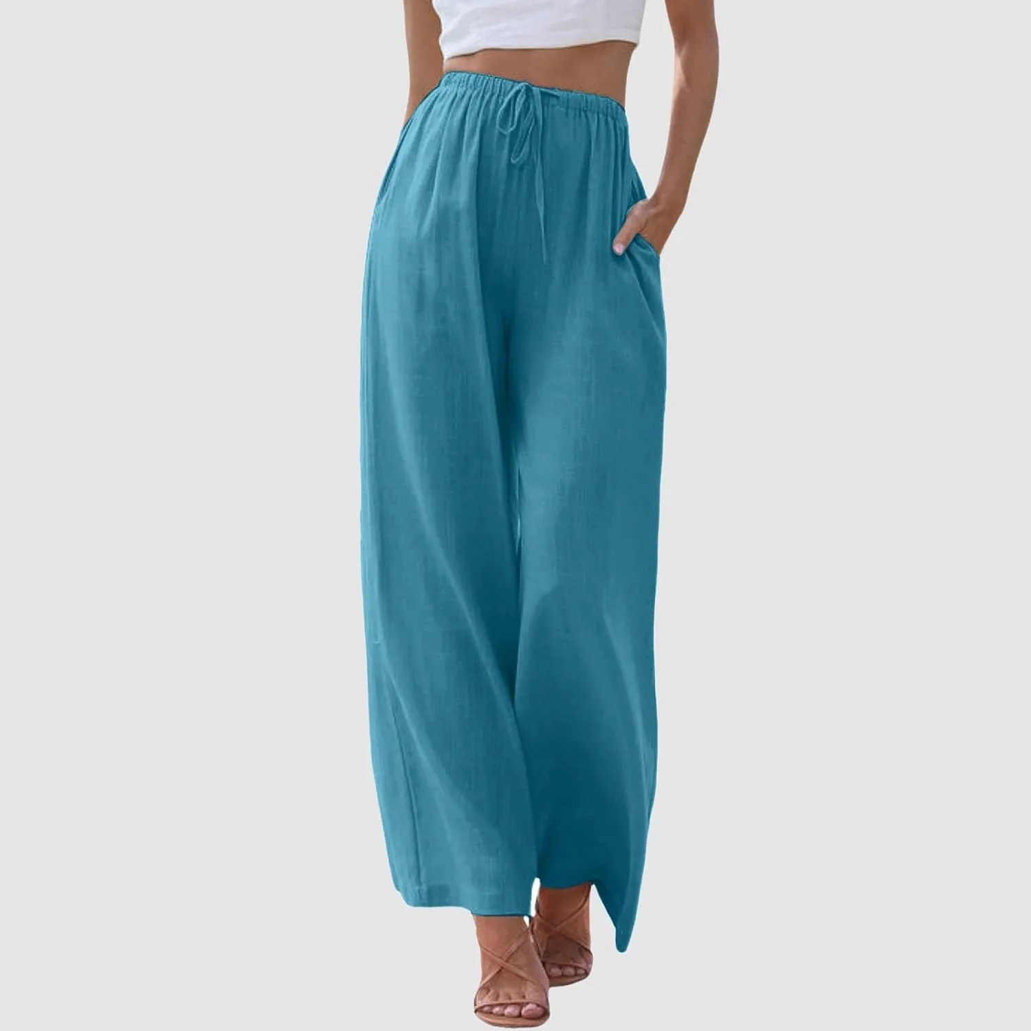 Women's Linen Palazzo Pants Summer Casual Vacation High Waist Wide Leg Trousers Trendy Pant with Pockets