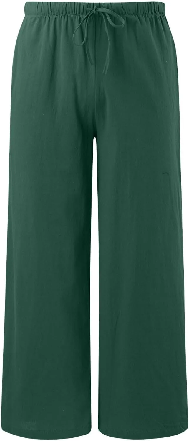 Women's Linen Palazzo Pants Summer Casual Vacation High Waist Wide Leg Trousers Trendy Pant with Pockets