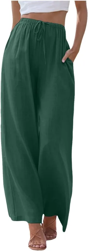 Women's Linen Palazzo Pants Summer Casual Vacation High Waist Wide Leg Trousers Trendy Pant with Pockets
