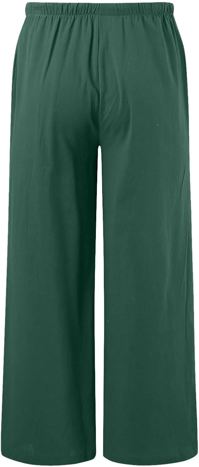 Women's Linen Palazzo Pants Summer Casual Vacation High Waist Wide Leg Trousers Trendy Pant with Pockets