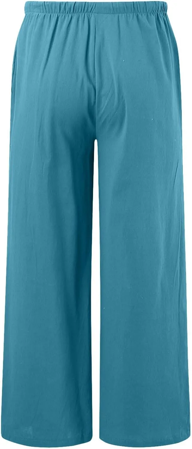 Women's Linen Palazzo Pants Summer Casual Vacation High Waist Wide Leg Trousers Trendy Pant with Pockets