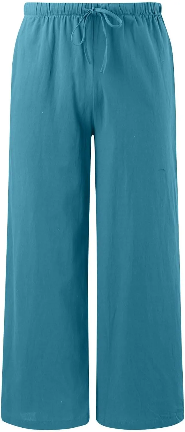 Women's Linen Palazzo Pants Summer Casual Vacation High Waist Wide Leg Trousers Trendy Pant with Pockets