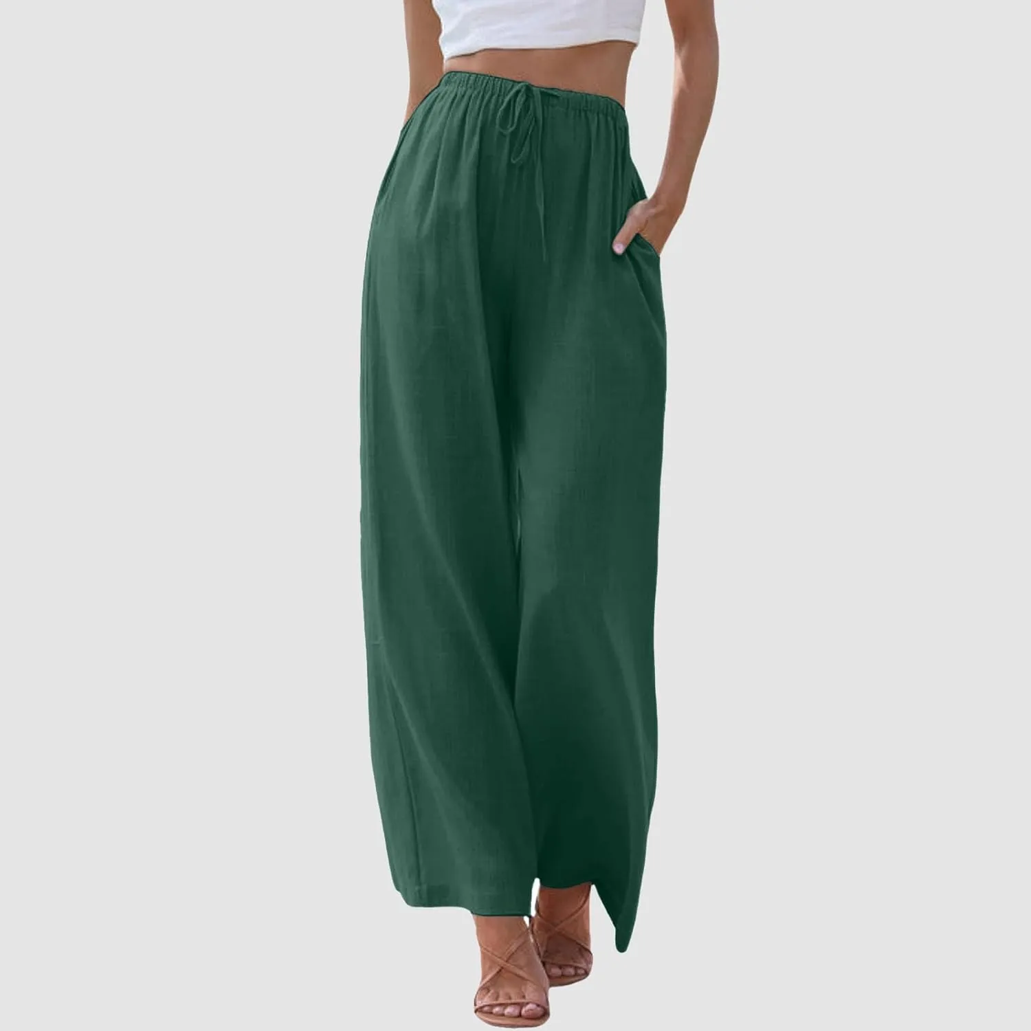 Women's Linen Palazzo Pants Summer Casual Vacation High Waist Wide Leg Trousers Trendy Pant with Pockets