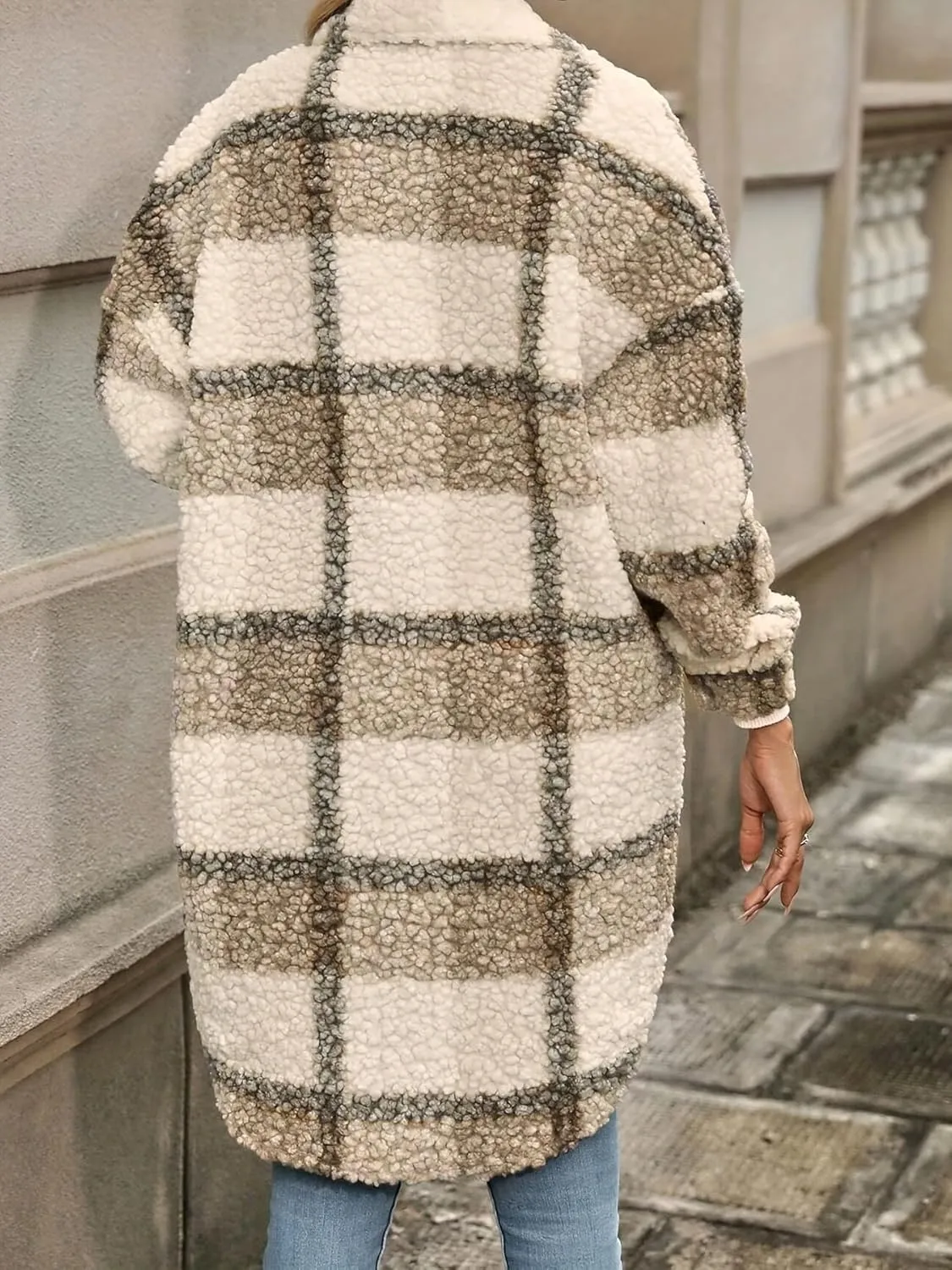 Women's Long Flannel Plaid Jacket Shacket Lightweight Button Down Fuzzy Fleece Shirts Trendy Sherpa Trench Coat