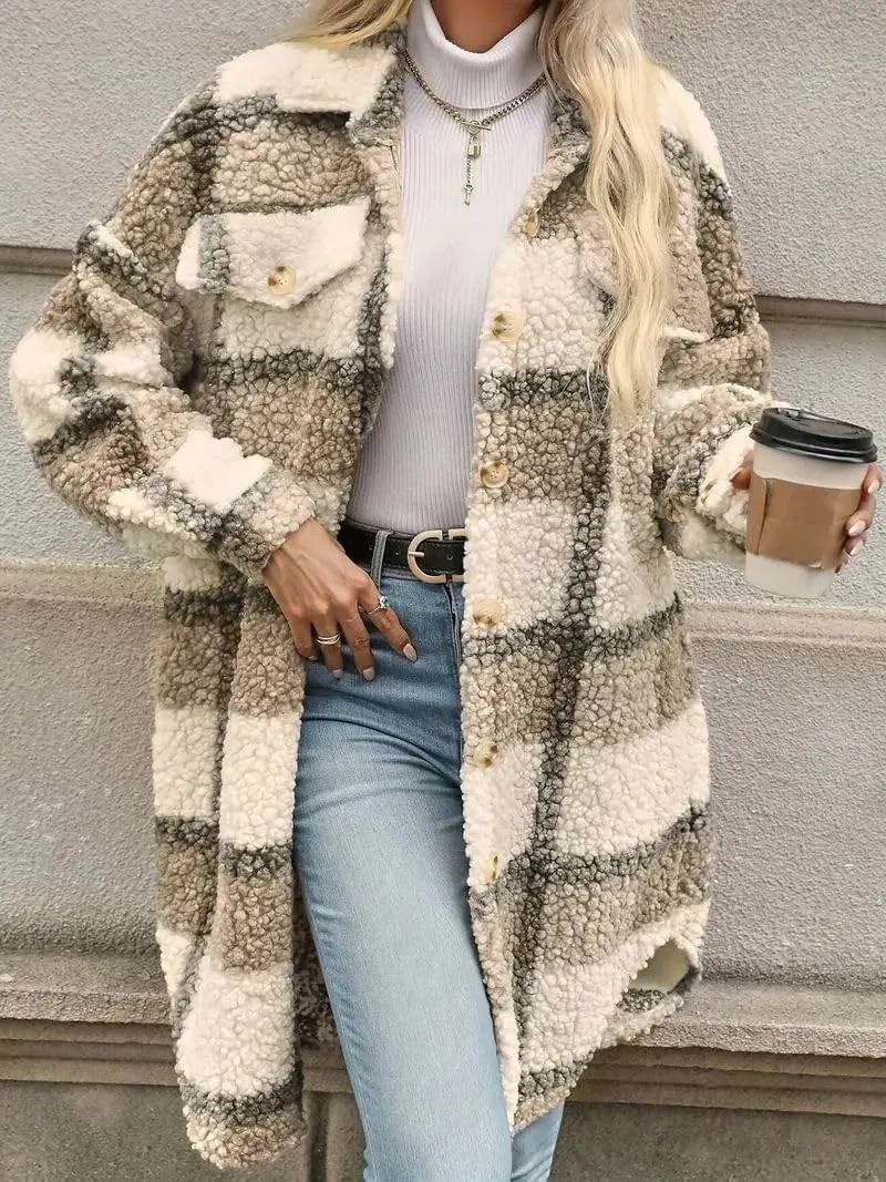 Women's Long Flannel Plaid Jacket Shacket Lightweight Button Down Fuzzy Fleece Shirts Trendy Sherpa Trench Coat