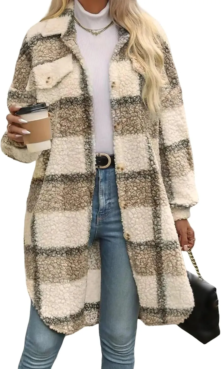 Women's Long Flannel Plaid Jacket Shacket Lightweight Button Down Fuzzy Fleece Shirts Trendy Sherpa Trench Coat