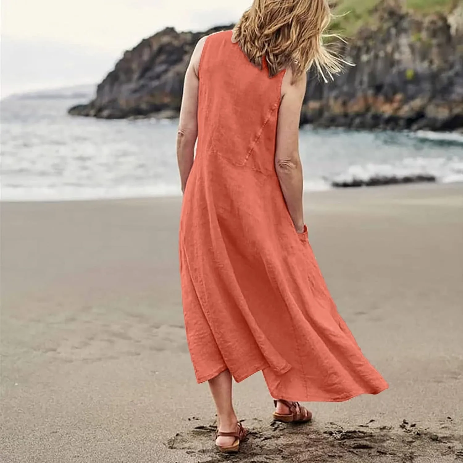 Womens Maxi Dresses Summer Casual Print Boho Cotton Linen Sundress with Pockets Loose Flowy Swing Vacation Long Dress