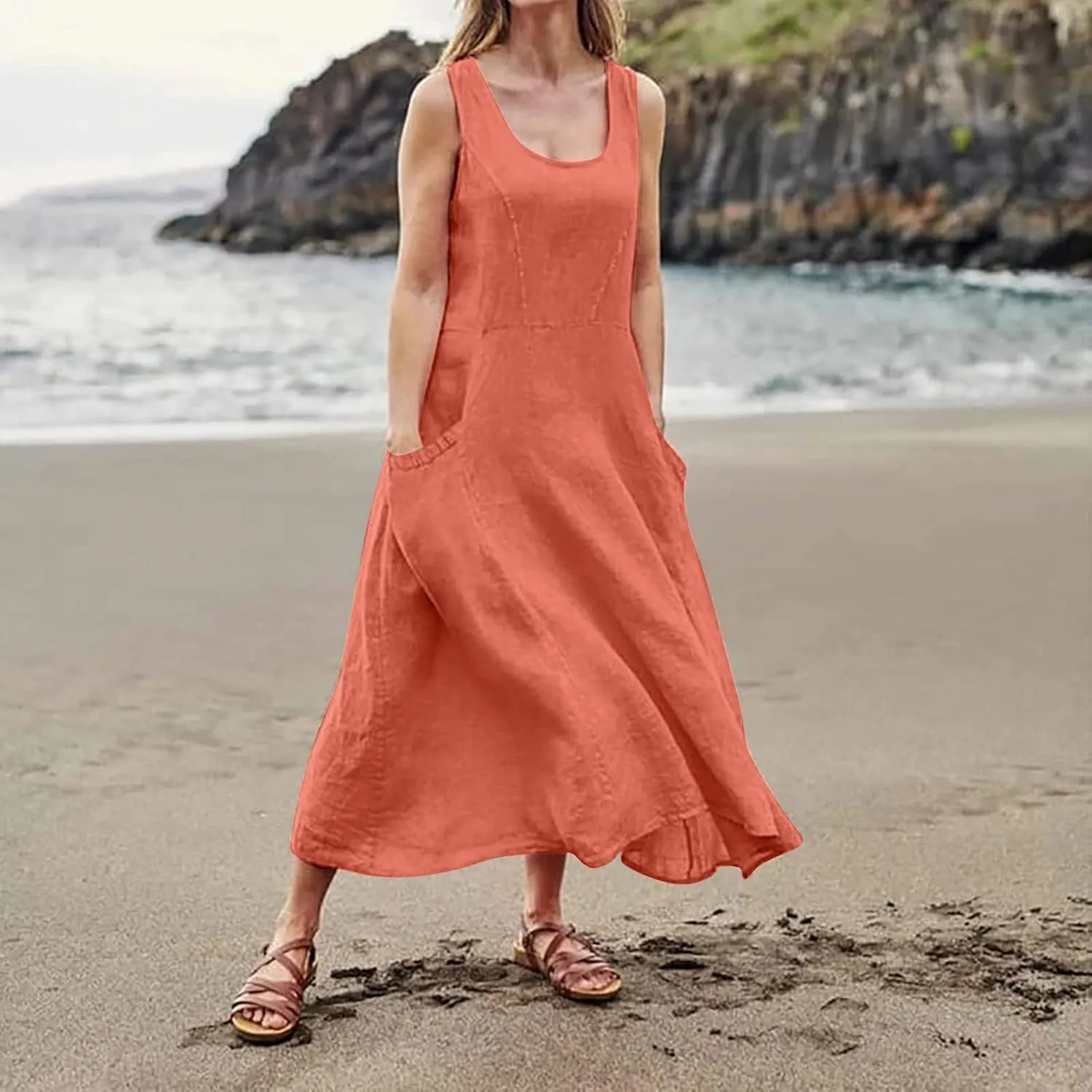 Womens Maxi Dresses Summer Casual Print Boho Cotton Linen Sundress with Pockets Loose Flowy Swing Vacation Long Dress