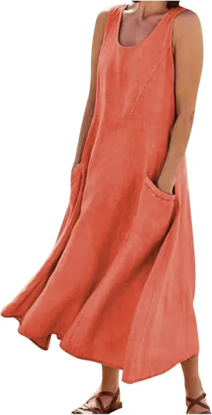 Womens Maxi Dresses Summer Casual Print Boho Cotton Linen Sundress with Pockets Loose Flowy Swing Vacation Long Dress
