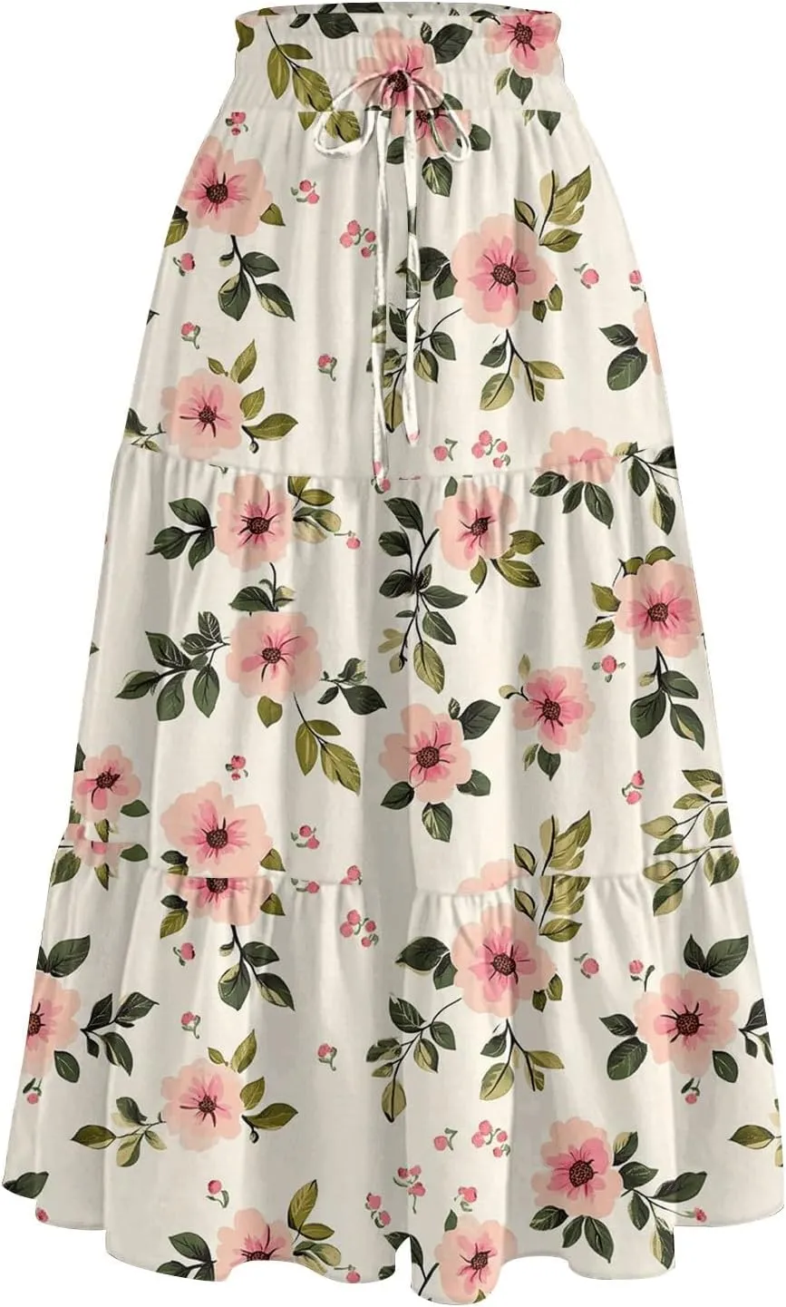 Womens Maxi Skirt Drawstring High Waisted Summer Skirts Lightweight Tiered Flowy Floral Pleated Skirts with Pockets